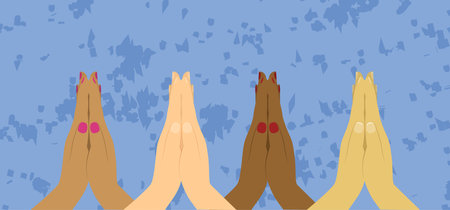 Hands of people clasped in prayer vector illustration. Cartoon drawing of hands of persons of different nationalities praying for Turkey and Syria on blue background. Religion, disaster conceptのイラスト素材