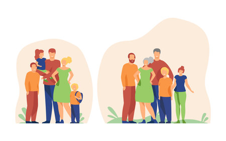 Large family portrait through years vector illustration. Happy parents and children growing up. Descent and link between generations. Family reunion, population, togetherness conceptのイラスト素材