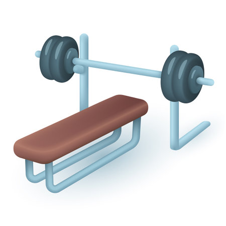 Barbell bench press 3d vector illustration. Gym equipment for fitness or bodybuilding training in cartoon style isolated on white background. Sport, hobby, entertainment conceptのイラスト素材