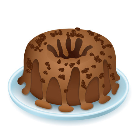 Chocolate cake 3d vector illustration. Served dessert on plate at home or restaurant in cartoon style isolated on white background. Restaurant, menu, food conceptのイラスト素材
