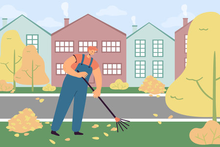 Janitor sweeping yellow leaves in the street vector illustration. Cartoon drawing of man in uniform cleaning lawn or road, public cleaning service. Ecology, nature, occupation, autumn conceptのイラスト素材