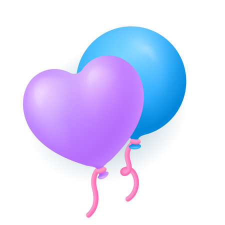 Flying balloons in shape of heart and circle 3D illustration. Cartoon drawing of blue and purple balloons in 3D style on white background. Love, romance, leisure, celebration, Valentine day conceptのイラスト素材