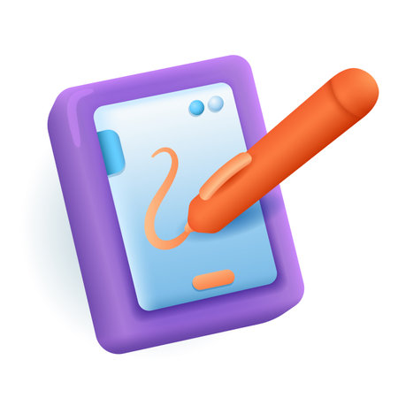 Purple phone or tablet with orange stylus 3D illustration. Drawing of tablet and digital pen for graphic designers in 3D style on white background. Technology, entertainment, graphic design conceptのイラスト素材