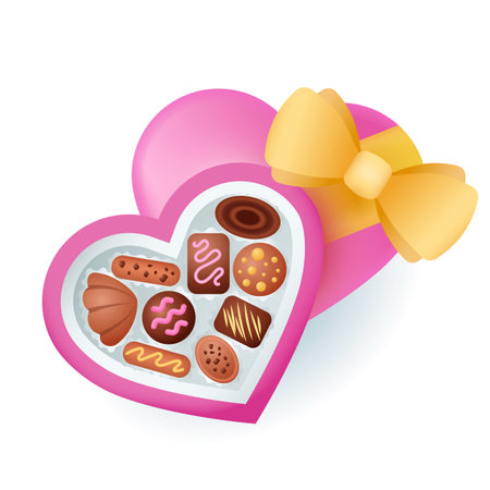 Chocolates sweets in box in shape of heart 3D illustration. Cartoon drawing of candies in pink box with yellow ribbon in 3D style on white background. Love, romance, desserts, Valentine day conceptのイラスト素材
