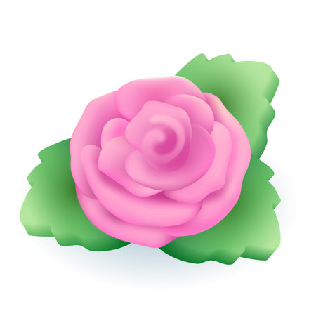 Rose with pink petals and green leaves 3D illustration. Cartoon drawing of flower as decoration or symbol of love in 3D style on white background. Romance, nature, marriage, Valentine day conceptのイラスト素材