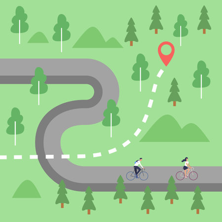 Forest cycling path vector illustration. Friends cycling on map with green trees, hills and location pin. Hiking, sport, healthy lifestyle, online navigation app conceptのイラスト素材