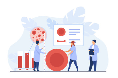 Tiny doctors studying big red blood cell vector illustration. Blood test, cartoon drawing of medical professionals examining blood sample in laboratory. Medicine, health, science conceptのイラスト素材