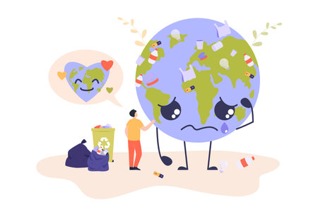 Tiny man next to sad Earth character covered in trash. Male person protecting comic planet by recycling garbage vector illustration. Ecology, environment, climate change, protection conceptのイラスト素材