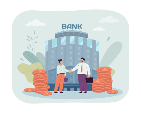 Partners shaking hands vector illustration. Businessmen negotiating with bank and piles of money in background. Types of capital, finance, economy, partnership conceptのイラスト素材
