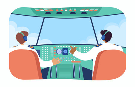 Interracial pilots in cockpit vector illustration. Back view of professionals flying and landing airplane, pointing finger or pressing buttons. Diversity, inclusive community, occupation conceptのイラスト素材