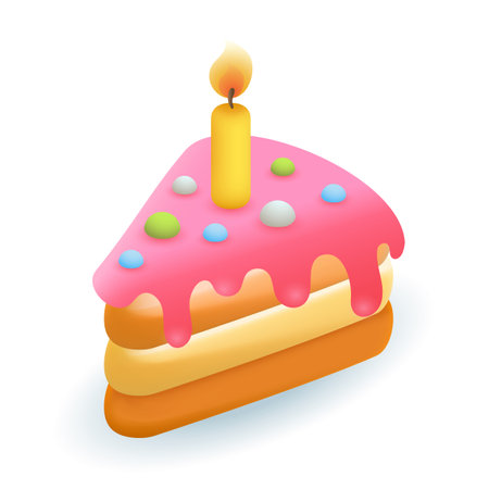 Piece of birthday cake 3d vector illustration. Festive glazed dessert with burning candle in cartoon style isolated on white background. Anniversary, holiday, happiness conceptのイラスト素材