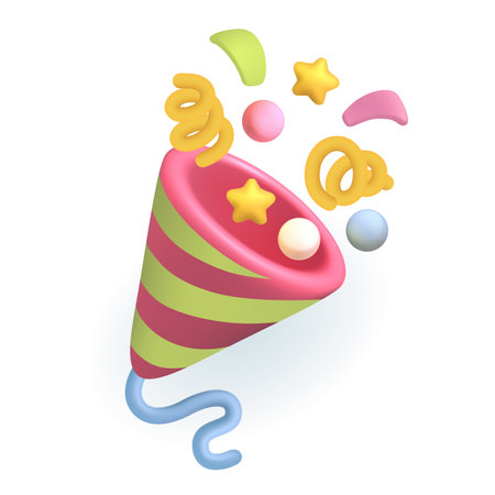 Party popper 3d vector illustration. Shower of confetti for birthday surprise party in cartoon style isolated on white background. Anniversary, holiday, happiness conceptのイラスト素材
