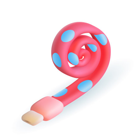 Party horn 3d vector illustration. Pink party blower for surprise birthday celebration in cartoon style isolated on white background. Anniversary, holiday, happiness conceptのイラスト素材