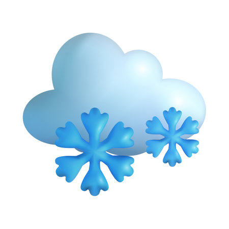 Snowflakes falling from cloud 3d vector illustration. Snowy weather on winter day on weekend in cartoon style isolated on white background. Weather forecast, meteorology conceptのイラスト素材