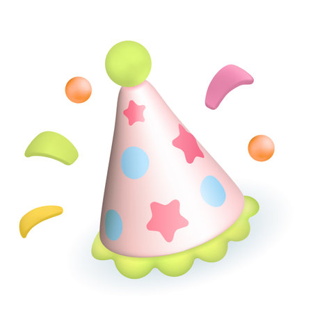 Birthday party hat 3d vector illustration. Colorful cap with confetti for surprise birthday party in cartoon style isolated on white background. Anniversary, holiday, happiness conceptのイラスト素材