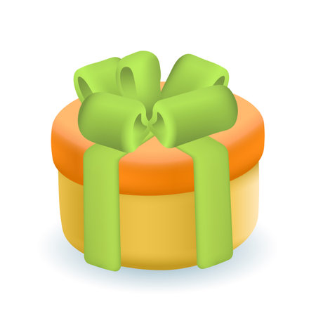 Gift box with green ribbon icon 3d vector illustration. Round shaped present for surprise birthday party in cartoon style isolated on white background. Anniversary, holiday, happiness conceptのイラスト素材