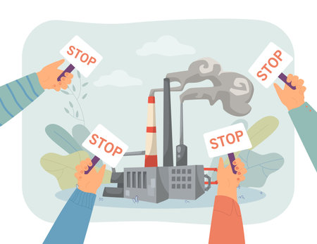 Factory and hands with stop signs vector illustration. Cartoon drawing of activists protesting against industrial or carbon emissions. Climate change, pollution, ecology, environment conceptのイラスト素材