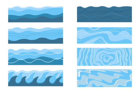 Waves and splashes of water vector illustrations set. Blue sea or ocean stream with drops and splatters on white background. Nature, summer, vacation conceptのイラスト素材