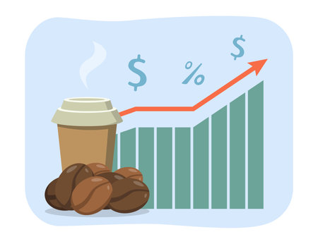 Paper with rising price on coffee chart vector illustration. Cartoon drawing of coffee cup and beans, increasing cost of drink and ingredients. Coffee, economy, inflation, finances conceptのイラスト素材