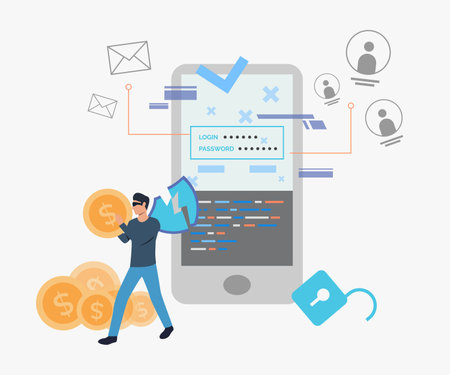 Hacker stealing money from smartphone vector illustration. Phone screen with login and password to account with messages and company data. Data protection, cybersecurity breach conceptのイラスト素材