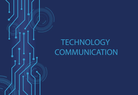 Circuit with technology communication text on blue background. Electronic circuit board for presentation vector illustration. Technology, communication, network, connection, engineering conceptのイラスト素材