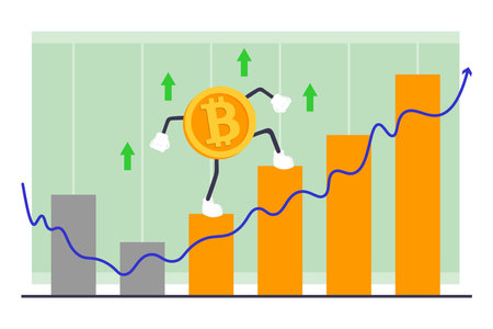 Gold coin climbing charts vector illustration. Cryptocurrencies value rising, businessmen investing in cyber currency to get profit. Cryptocurrency price increase, stock market conceptのイラスト素材