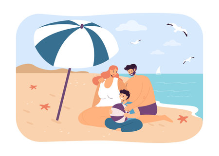 Mother, father and son hugging on beach vector illustration. Cartoon drawing of woman, man and young boy sitting on seashore, summertime outdoor activity. Summer, family, vacation, traveling conceptのイラスト素材