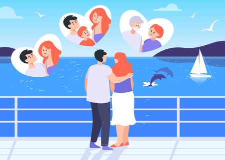 Loving couple hugging on sea quay vector illustration. Young lovers dreaming of having family and children and growing older together. Monogamy, marriage, relationship conceptのイラスト素材