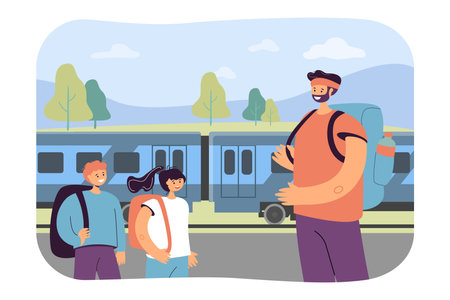 Happy father going on train trip with kids vector illustration. Cartoon drawing of family at railway station going on flight-free journey together. Traveling, vacation, transportation conceptのイラスト素材