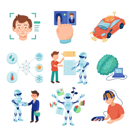 Different AI technologies vector illustrations set. Cartoon drawings of chatbots, face and fingerprint recognition, machine learning. Artificial intelligence, engineering, modern technology conceptのイラスト素材