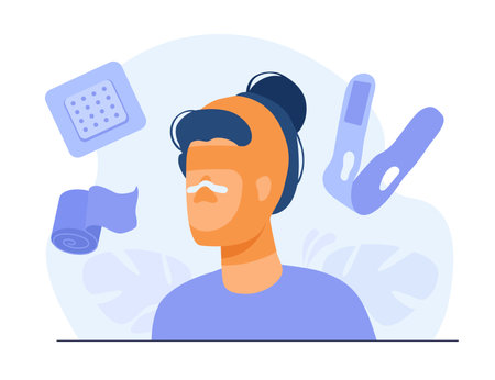 Woman with bandaged face vector illustration. Compression garments and nose bandages for patient to recover after plastic surgery. Health care, beauty correction conceptのイラスト素材