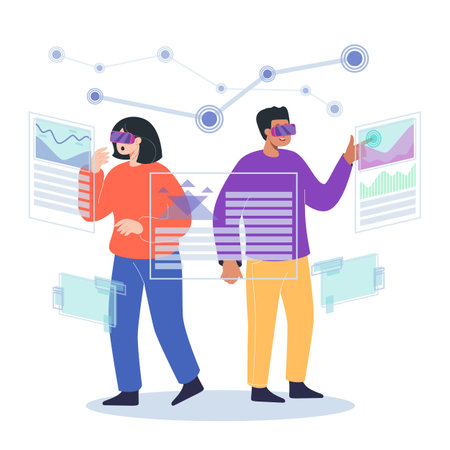 Man and woman studying information in VR headsets. Cartoon couple in VR glasses looking at data vector illustration. Virtual reality, modern technology, entertainment, leisure, information conceptのイラスト素材