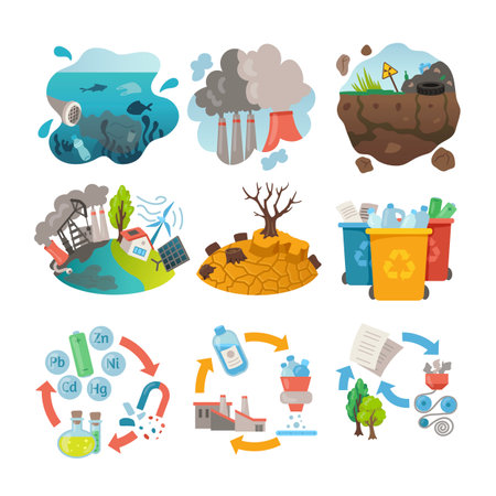 Environmental issues elements vector illustrations set. Cartoon drawings of dry ground due to drought, recycled objects, polluted water and air. Ecology, climate change, recycling, pollution conceptのイラスト素材