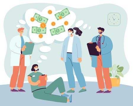 Sad doctors worried about low pay vector illustration. Men and women in medical uniform thinking of salary, lack of professionals due to low pay. Healthcare, medicine, workforce, payment conceptのイラスト素材