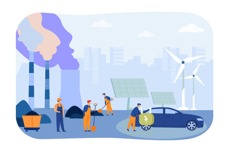 Transition to renewable energy sources vector illustration. Workers extracting fossil fuels watching modern man charging electric car from solar panels. Sustainability, oil industry conceptのイラスト素材