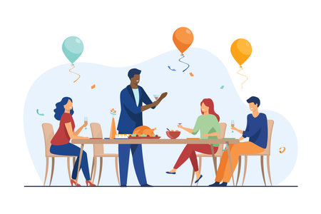 Family reuniting for holiday vector illustration. Happy friends or relatives having dinner together, celebrating Christmas, Thanksgiving or birthday. Family reunion, holiday, togetherness conceptのイラスト素材