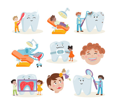 Happy children and oral hygiene vector illustrations set. Cartoon drawings of tiny boys and girls cleaning huge teeth, kids in dentist office. Dentistry, oral hygiene, dental care, childhood conceptのイラスト素材