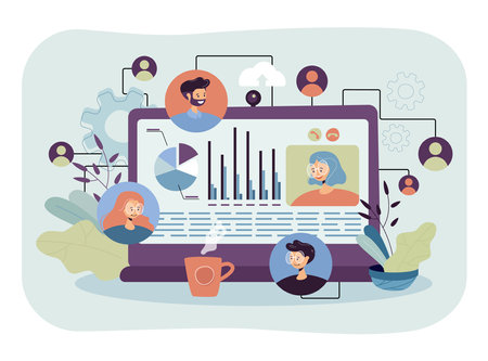 Laptop with people having collaboration vector illustration. Diagrams, charts, colleague in different part of world. Online communication, virtual collaboration, teamwork conceptのイラスト素材