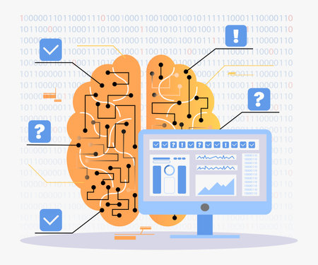 Human brain with neural networks vector illustration. Computer with different tasks for GPTChat. Check marks, question and exclamation marks. Inaccuracies and underdevelopment of Chat GPT, errorsのイラスト素材