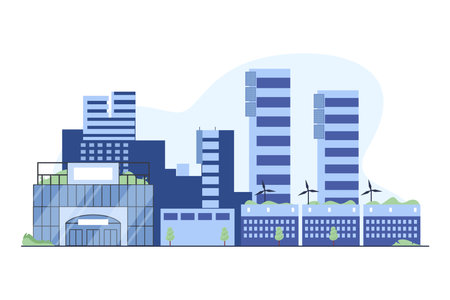 Smart city with wind tribunes and modern buildings vector illustration. Modern green region made of biomaterials. Smart region, sustainable development, construction conceptのイラスト素材