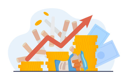 Coin stacks diagram with arrow up vector illustration with cigarettes on background. Increasing prices for cigarettes, fighting smoking conceptのイラスト素材