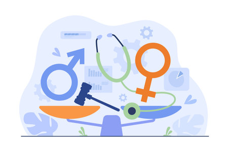 Scales with Venus and Mars symbols vector illustration. Hammer and stethoscope. Gender equality, breaking gender stereotypes concept.のイラスト素材