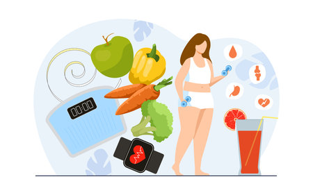 Plump woman with dumbbells doing sport vector illustration. Healthy food, tape measure, weigh scales, heart rate monitor watches, healthy organs and bones. Obesity problems, health conceptのイラスト素材
