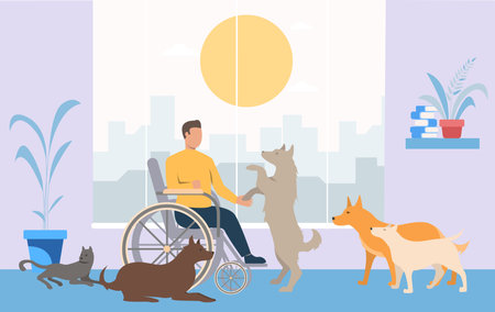 Man in wheelchair playing with dogs vector illustration. Animal-assisted therapy, therapeutic effects of animals conceptのイラスト素材