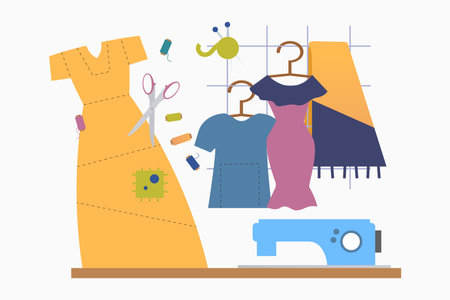 Sewing machine with threads, scissors and dress pattern vector illustration. New dress, blouse and scarf on background. Remaking old clothes into new ones. Sewing, fashion conceptのイラスト素材