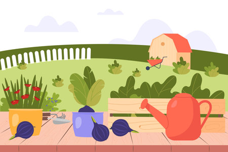 Garden with vegetables flat vector illustration. Watering pot, onion and flowers in pots, shovel and rake. Springtime gardening conceptのイラスト素材