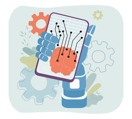 Robot hand with smartphone with AI brains and neural networks. Vector illustration. Using mobile phone with AI application. Artificial Intelligence, innovation concept.のイラスト素材