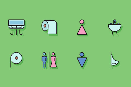 Toilet line colorful icon set. Bath tissue, urinal, WC male and female symbols, sink, toilet paper. Can be used for topics like public services, household goods, sanitary, hygieneのイラスト素材