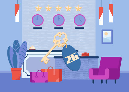 Five star hotel reception desk vector illustration. Hotel hospitality concept with room key, luggage and waiting area at receptionのイラスト素材