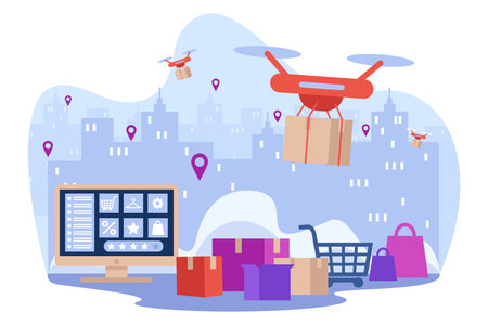 Drones delivering online orders vector illustration. Online shopping and delivery concept. Computer with online store page. City with destination pointers on backgroundのイラスト素材